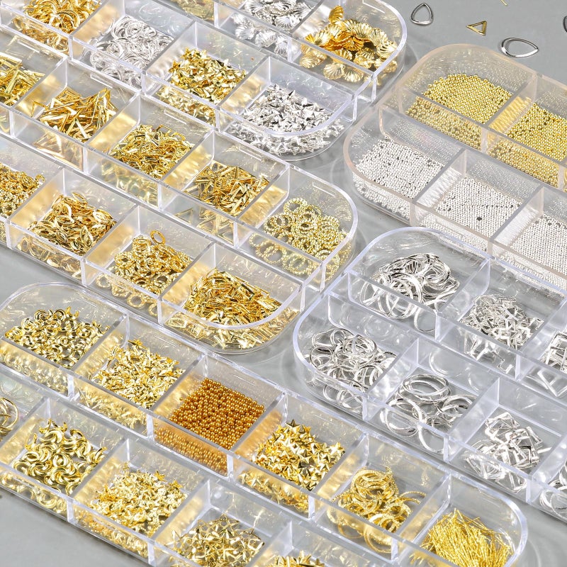 editTime 5 Boxes Gold & Silver Metal Nail 3D Punk Studs Star Moon Heart Triangle Square Rivet Gems Nail Art Jewels with a Curved Tweezers and a Nail Brush and a Wax Pen Picker (3-Gold & Silver) - Image 2